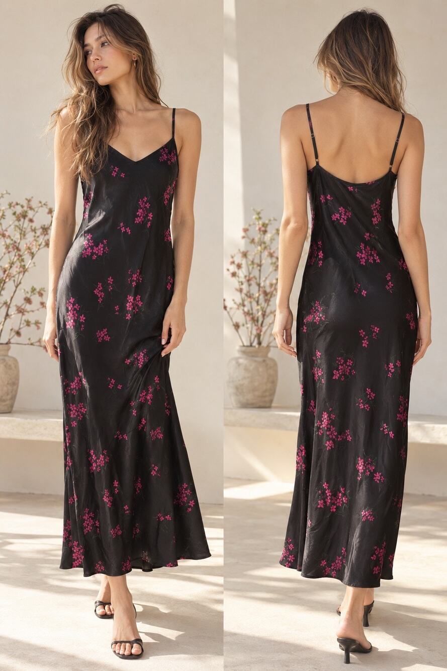 Quince Washable Mulberry Silk Slip Dress S Black Pink Floral Midi Bias Cut Satin